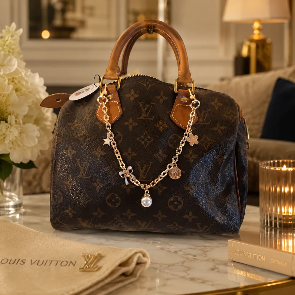 Louis Vuitton Speedy met charm op marmeren tafel